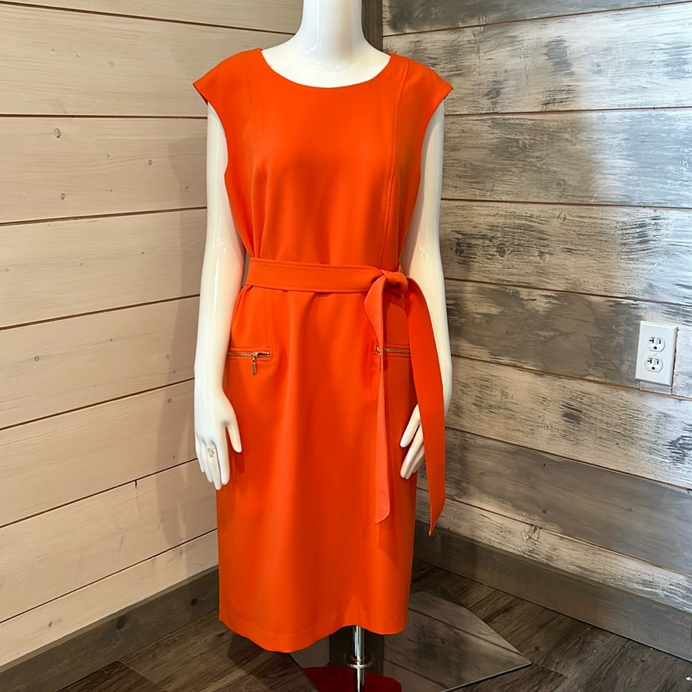 Kasper dress with gold zippers and matching belt.